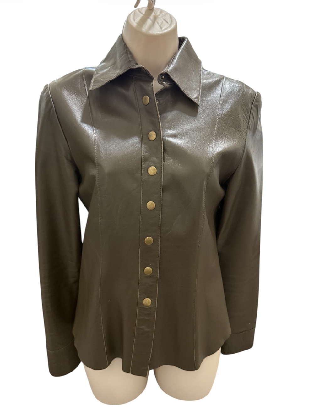 John Carlisle Essentials Olive Leather Snap Front Jacket XS vintage